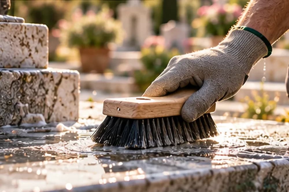 Visuel illustratif : entretien d'une sépulture, geste de nettoyage à la brosse